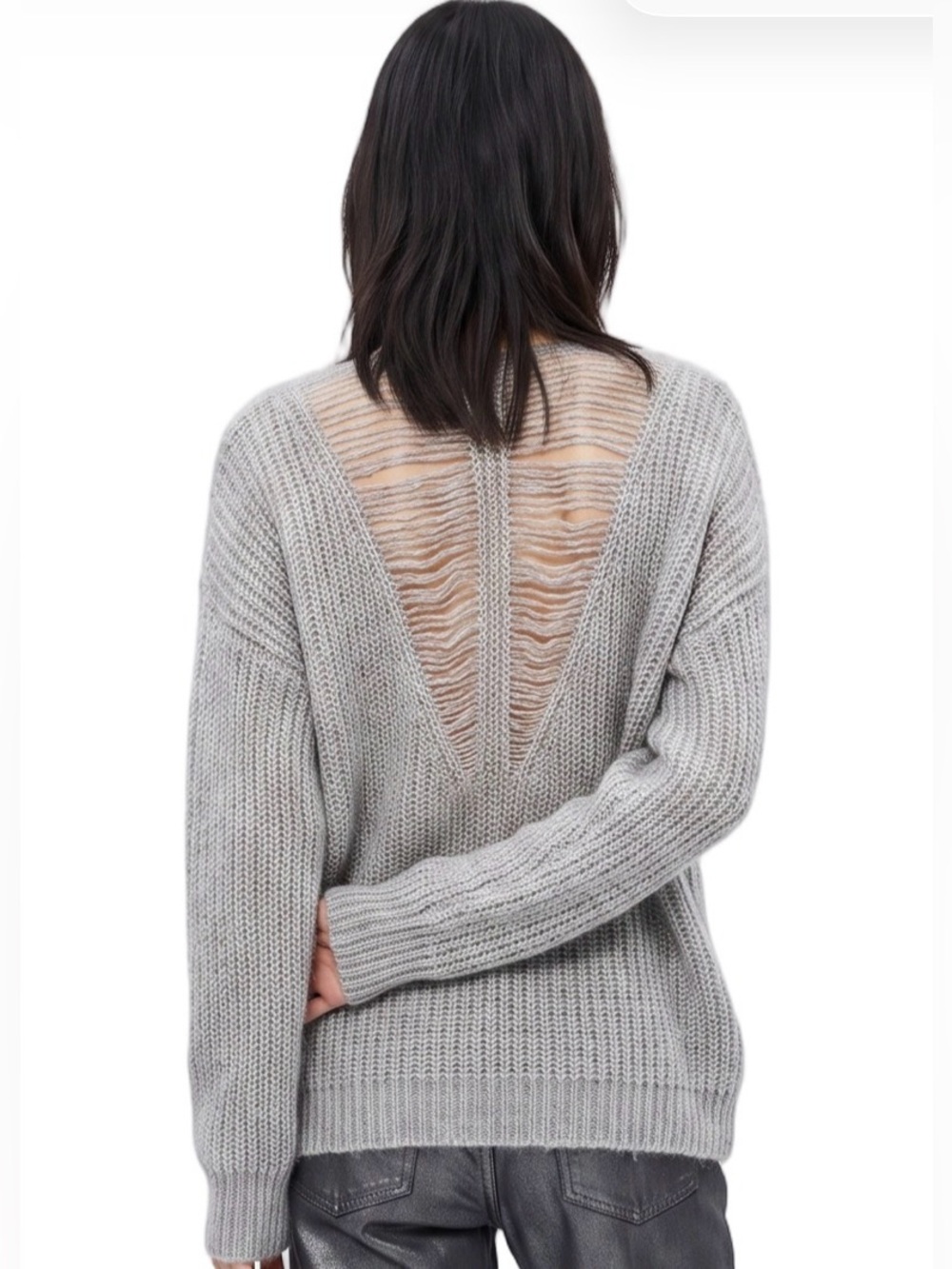 RYU Gray Metallic Silver Loose Knit Longsleeve Sweater V Shaped Distressed Back